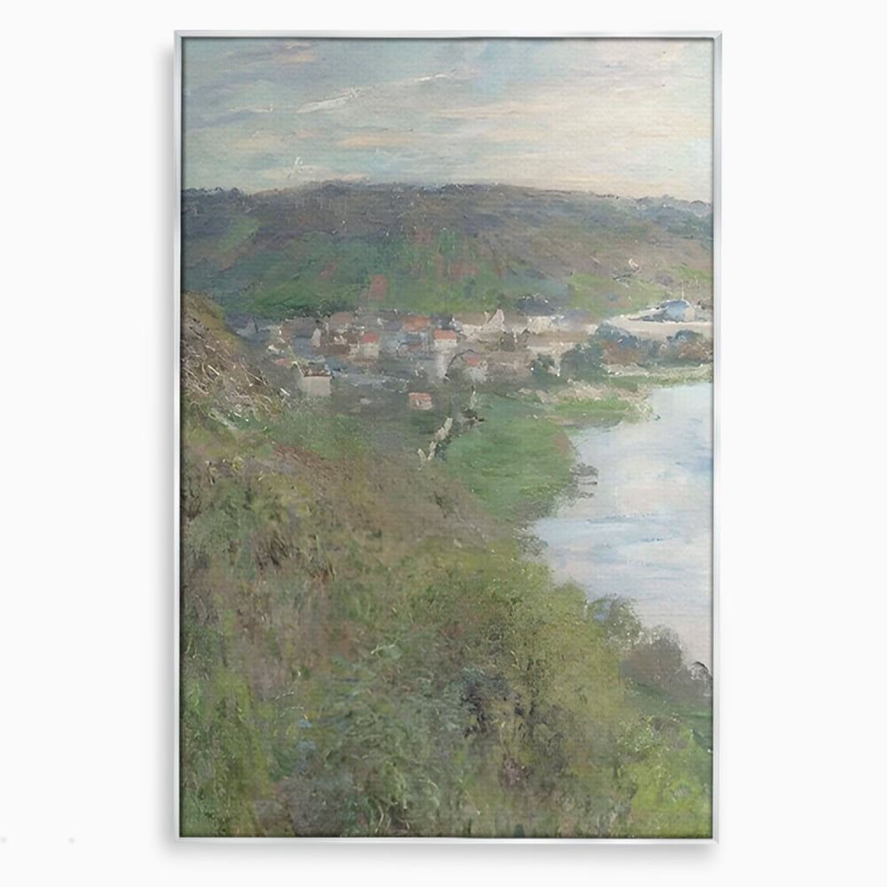 Tablou canvas cu tablou canvas cu peisaj rural si rau, in rama de aluminiu argintiu